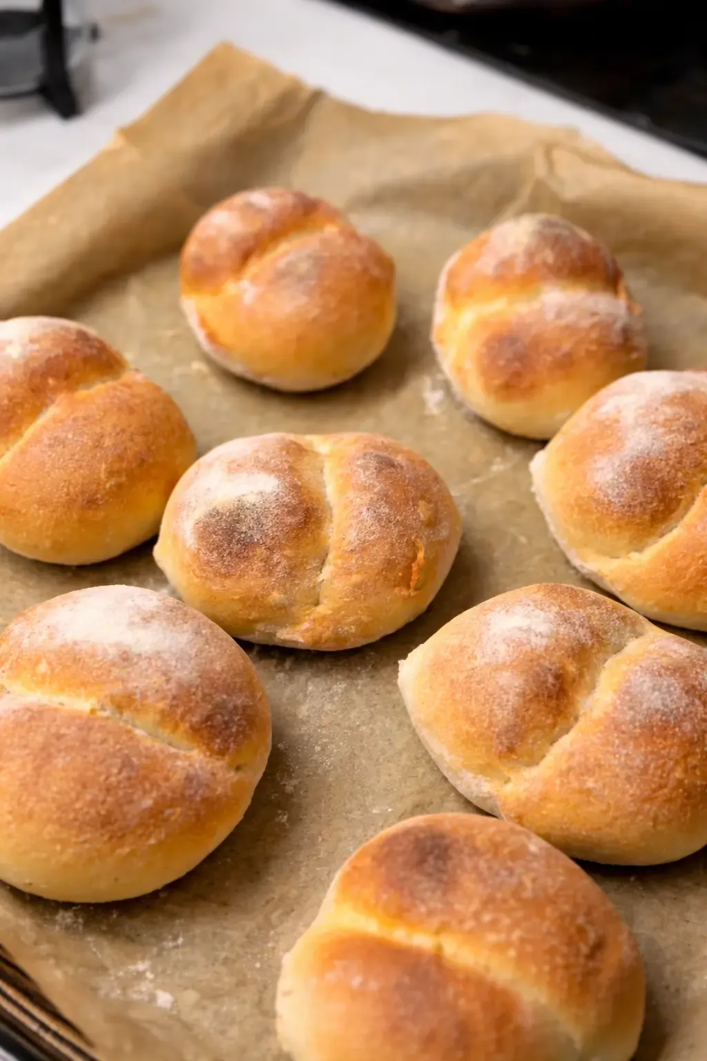 Swieżo upieczone bułki wrocławskie z przepisu michał gotuje chrupiąca skórka leżą na blaszce na papierze do pieczenia